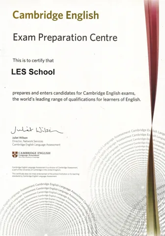 Сертификат Cambridge English Exam Preparation Centre, издаден на LES School