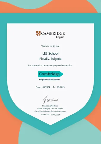 Сертификат на Cambridge English за LES School, 08/2024 – 07/2025